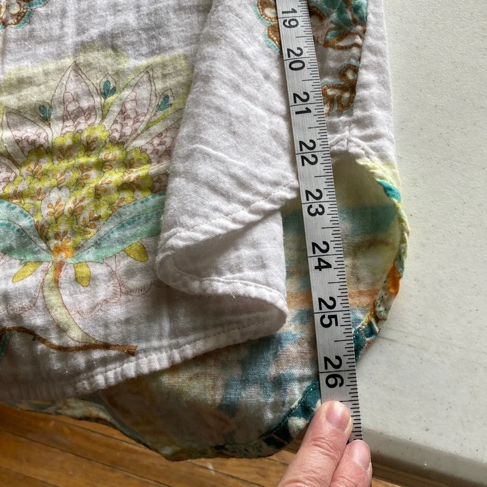 Lightweight Floral Button-Down Shirt - White with Green & Yellow Print - Picture 13 of 13